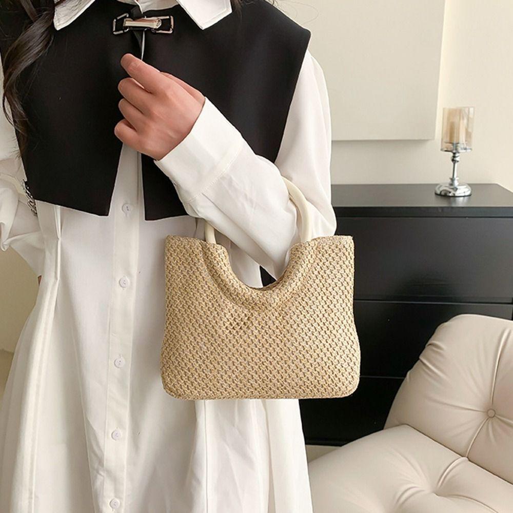 Capacity Bohemian Grocery Handbags Pu Leather Weave Beach Bag Women Handbag Shoulder Bag Straw Bag