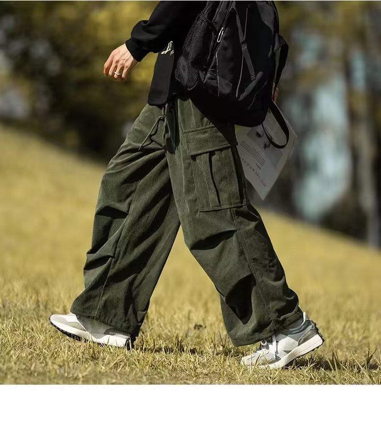 Japanese Retro Brown Corduroy Cityboy Men's Drawstring Cargo Pants, Plus Size, for Autumn and Winter.