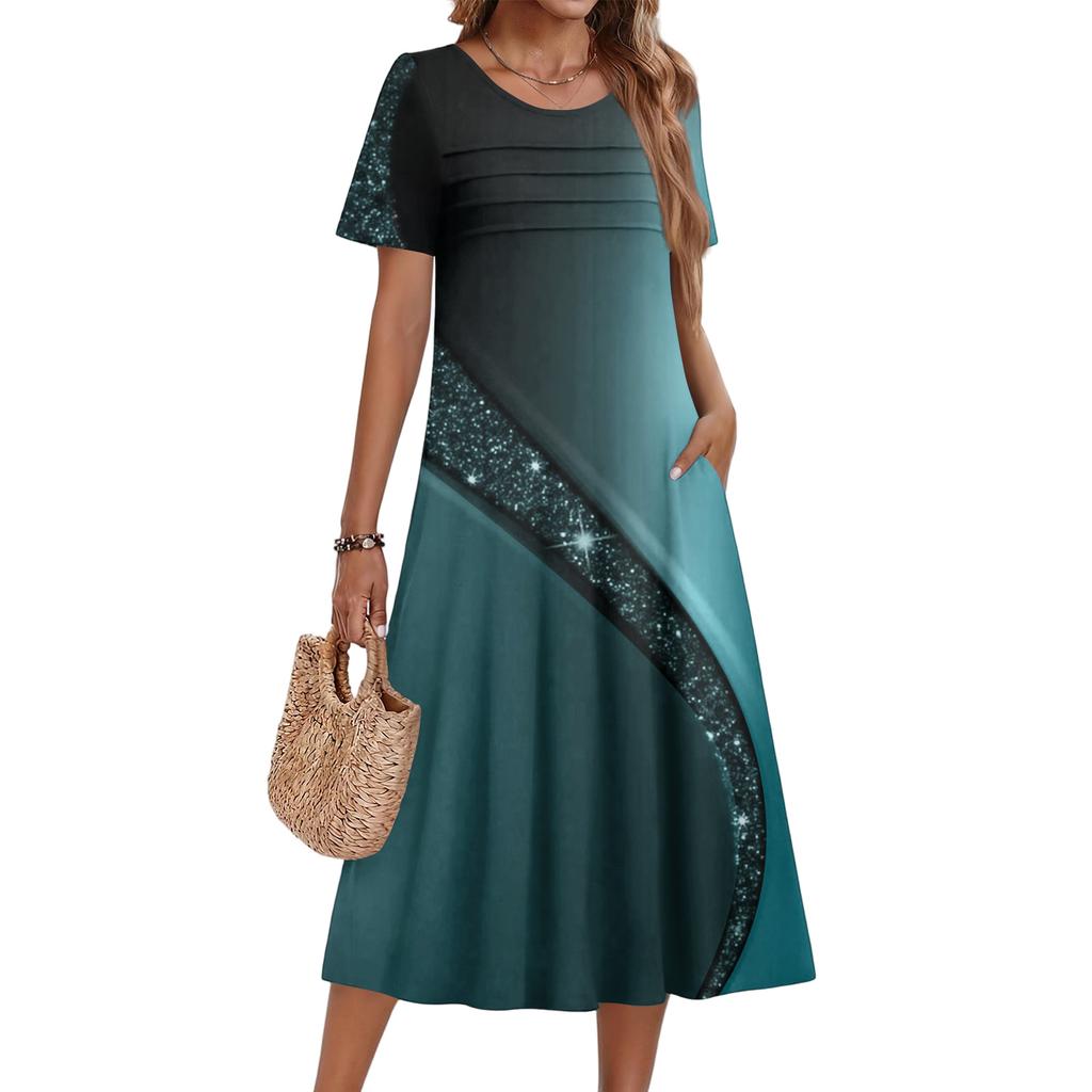 Ladies' Floral Printed Casual And Fashionable Short Sleeved Round Neck Dress