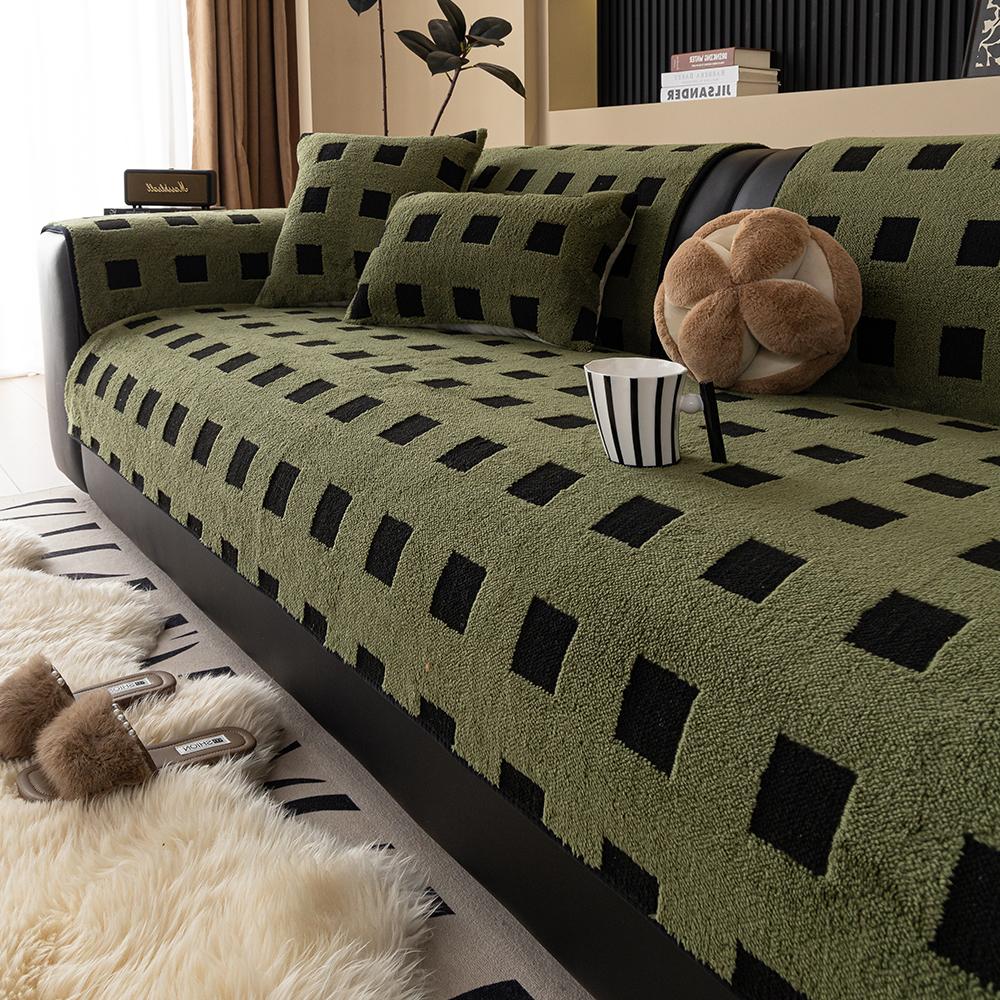 Winter Plush Sofa Cushion Checkered Pattern Soft  Warm Home Protection Cover Anti-Slip Sofa Pad for Living Room Decor Office