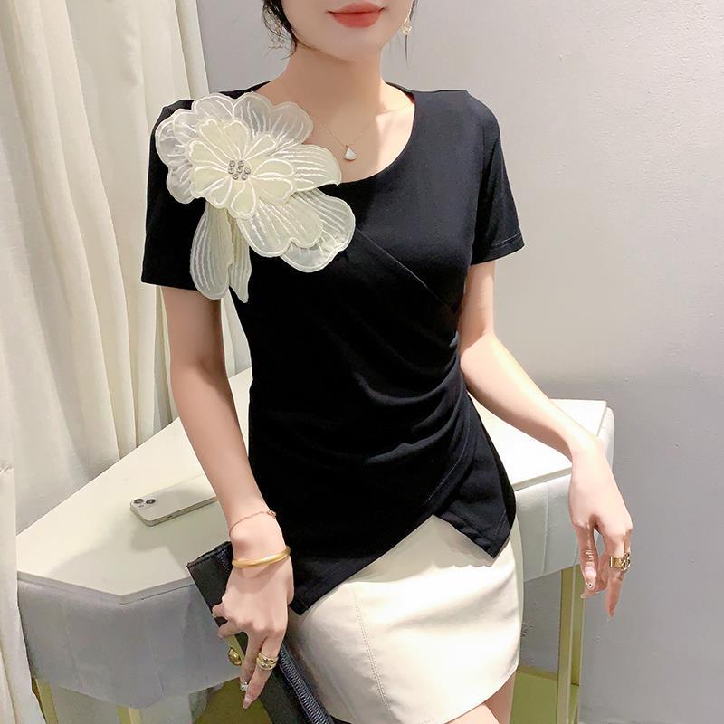 Slimming Irregular Summer 2024 Women's T-shirt: Trendy Foreign Style Short Sleeve Design