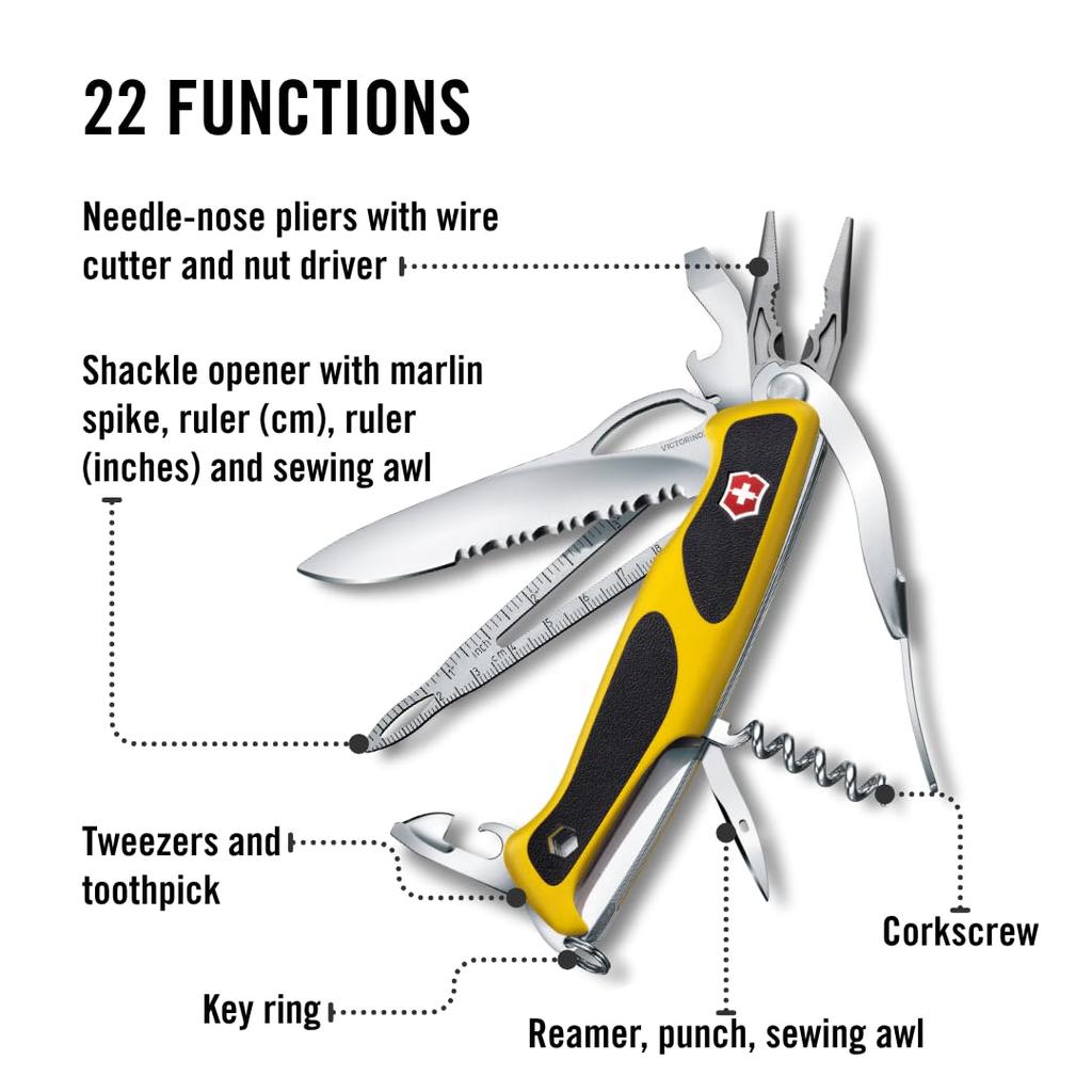 VICTORINOX Ranger Grip Boatman MW Shackle Marlin Spike Compact and Perfect for Emergency Knife Yellow/Black Multi-Function Knife, Outdoor, Bit, Key,