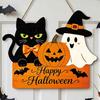 Halloween Wooden Door Sign with Hemp Rope Lanyard, Pumpkin Ghost Printed Hanging Solid Wood Festive Plaque, Front Wall Art for Porch Party Decorative