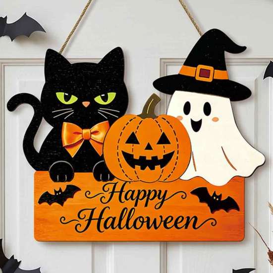 Halloween Wooden Door Sign with Hemp Rope Lanyard, Pumpkin Ghost Printed Hanging Solid Wood Festive Plaque, Front Wall Art for Porch Party Decorative