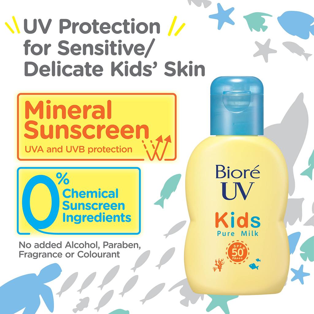 Biore UV Kids Pure Milk Sunscreen 70ml SPF50 A UV Protection Formula with No UV Protecting with a Mineral / PA+++ Fragrance-free Kids' Absorbers,