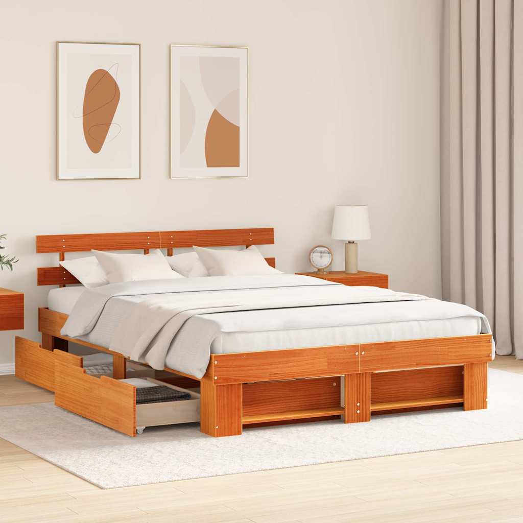 Bed Frame Waxed Brown 160 X 200 Cm Solid Pine Wood
