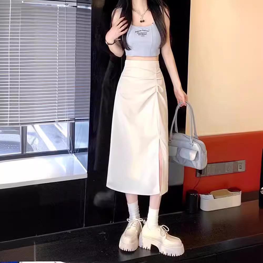 Women's Black High-Waisted Pleated Midi Skirt with Slit - Summer 2024 Collection