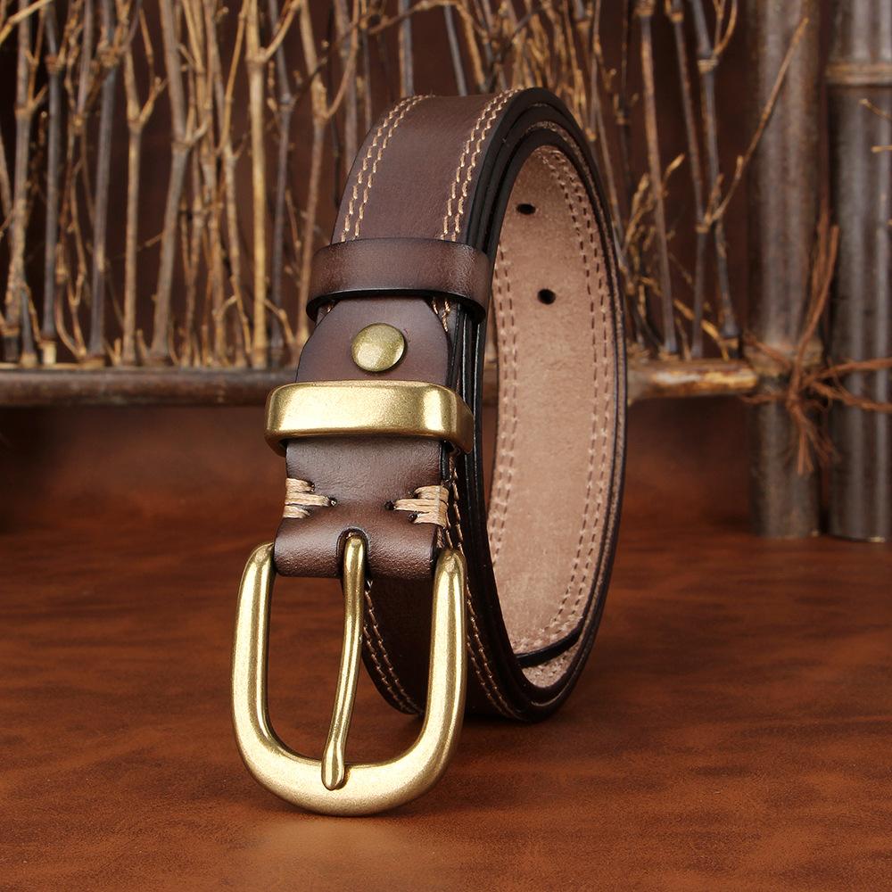 

Чисто ручная работа Ретро Медный пуговичный ремень для джинсов Женский Гонконгский стиль Первый слой коровьей кожи Пряжка-штифт Кожаный ремень Повседневный 120cm темно-коричневого
