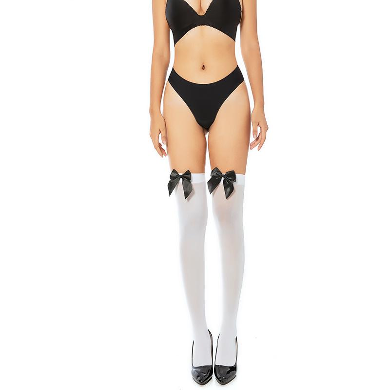 Plus-size Bowknot Stockings Over the Knee, Black Silk Long Stockings, White Silk European and American Women's High-thigh Stockings