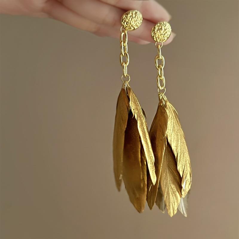 Silver needle round feather earrings simple high-end long earrings Bohemian retro temperament earrings women