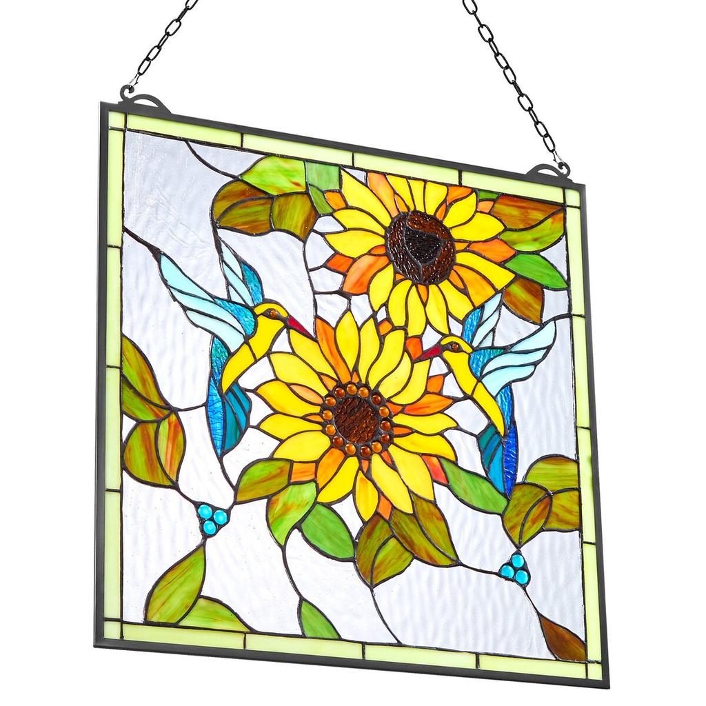 Stained Glass Window Panel, 502 X 520 Mm, Tiffany Style Hanging Transom Window Panel with Chain, Large Vertical Rectangle Stain Glass, Vintage