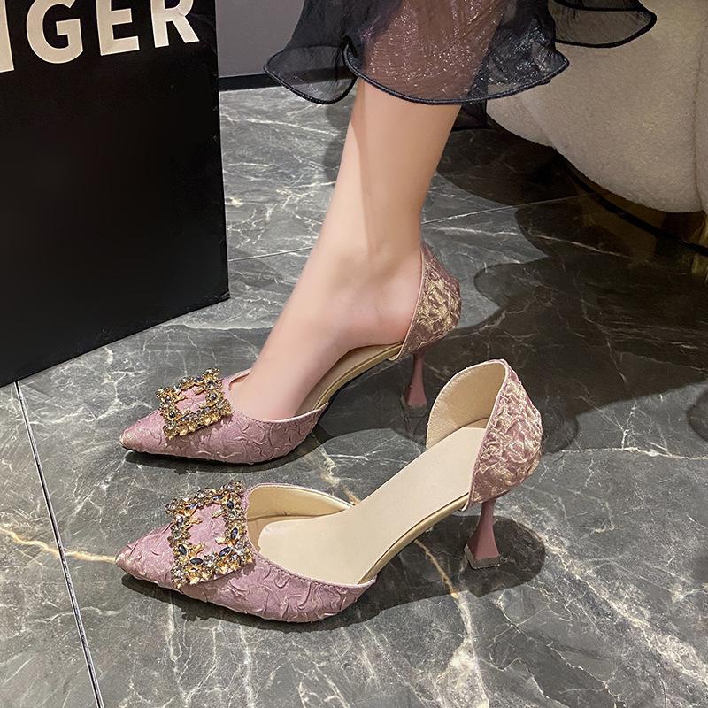 Fashion Women High Heel Pumps 6cm/9cm Pointed Toe Stiletto Low Heel Women's Shoes Office Lady Rhinestone Shoes Pink Heels Wedding