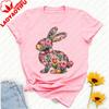 Floral Easter Bunny Tshirt Artistic Flower Composed Rabbit Silhouette With Bow Graphic Vintage Aesthetic Festive Casual Outfits