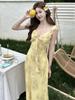 Yellow Floral French Style Slim Bodycon Tea Length Summer Dress