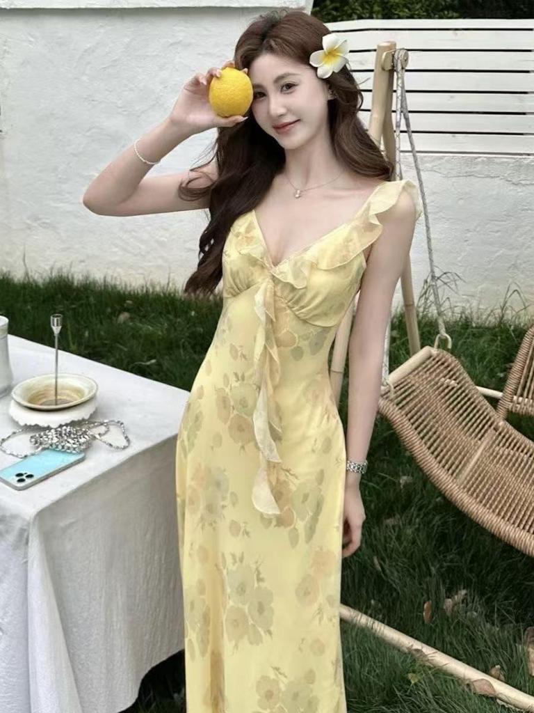Yellow Floral French Style Slim Bodycon Tea Length Summer Dress