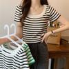 French Large U-neck Black and White Striped Front Shoulder Square Neck Short-sleeved T-shirt Women's Summer Design Sense Niche Short Collarbone Top