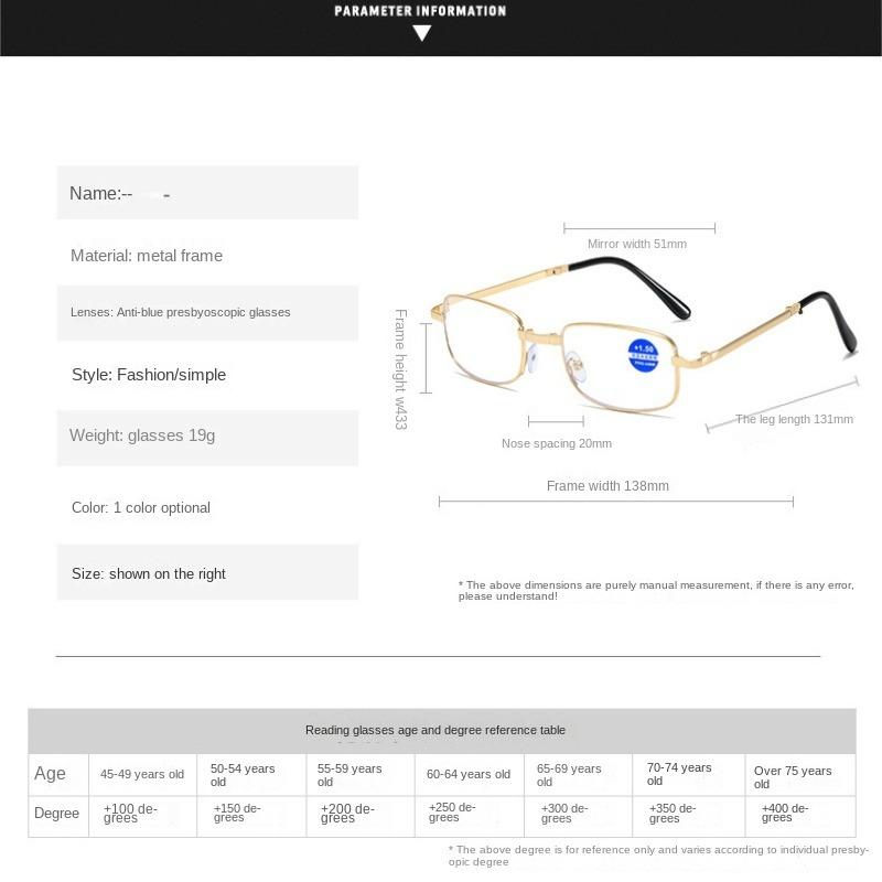1PCS Fashion Folding Reading Glasses Men Women Metal Frame Presbyopic Magnifying Eyewear with Case Portable