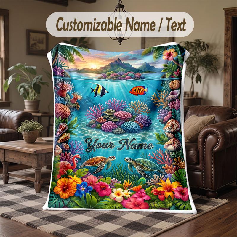 Underwater Friends Adventure Theme Throw Blanket Custom Name Text Personalized Blanket Soft Cozy Blanket for Home Sofa Bed