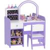 Masă de toaletă pentru copii cu taburet și oglindă din lemn, Vârste 3-8 ani, Violet