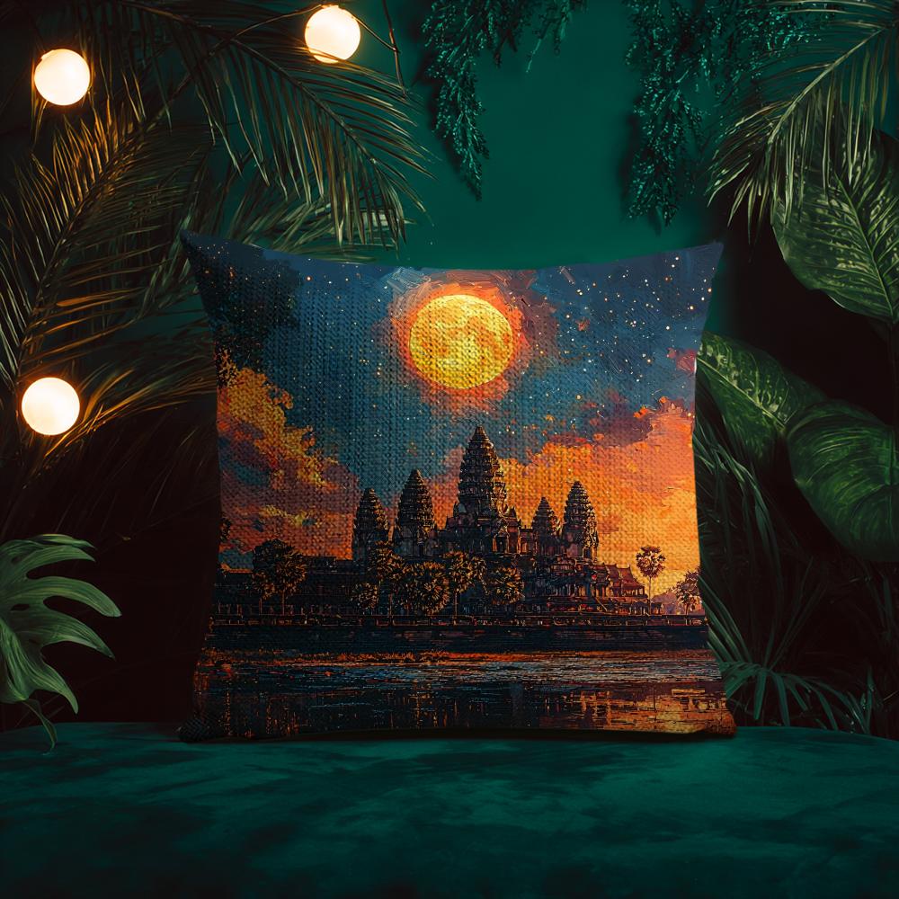 Oil Painting Artwork Angkor WatW Cushion Cover Silky elegant Comfort Sofa Bed Invisible zipper Beach pillowcase