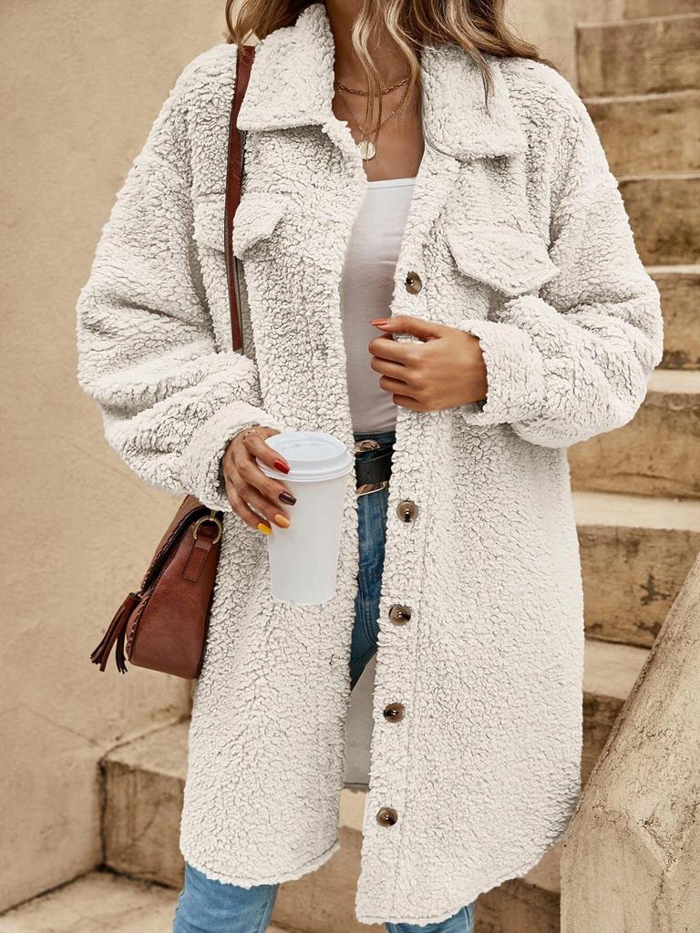 Manteau Long Ample en Peluche à Revers d'Hiver Européen et Américain pour Femmes 2024 avec Boutons