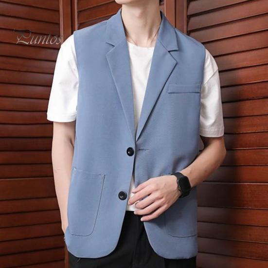 Men Suit Vest Lapel Sleeveless Two-Button Placket Business Waistcoat with Side Pockets Solid Color Casual Vest Coat