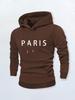 Simple Solid Color PARIS Letter Hooded Sweater, Navy Blue Basic Men's Casual Shoulder Hoodie High Street