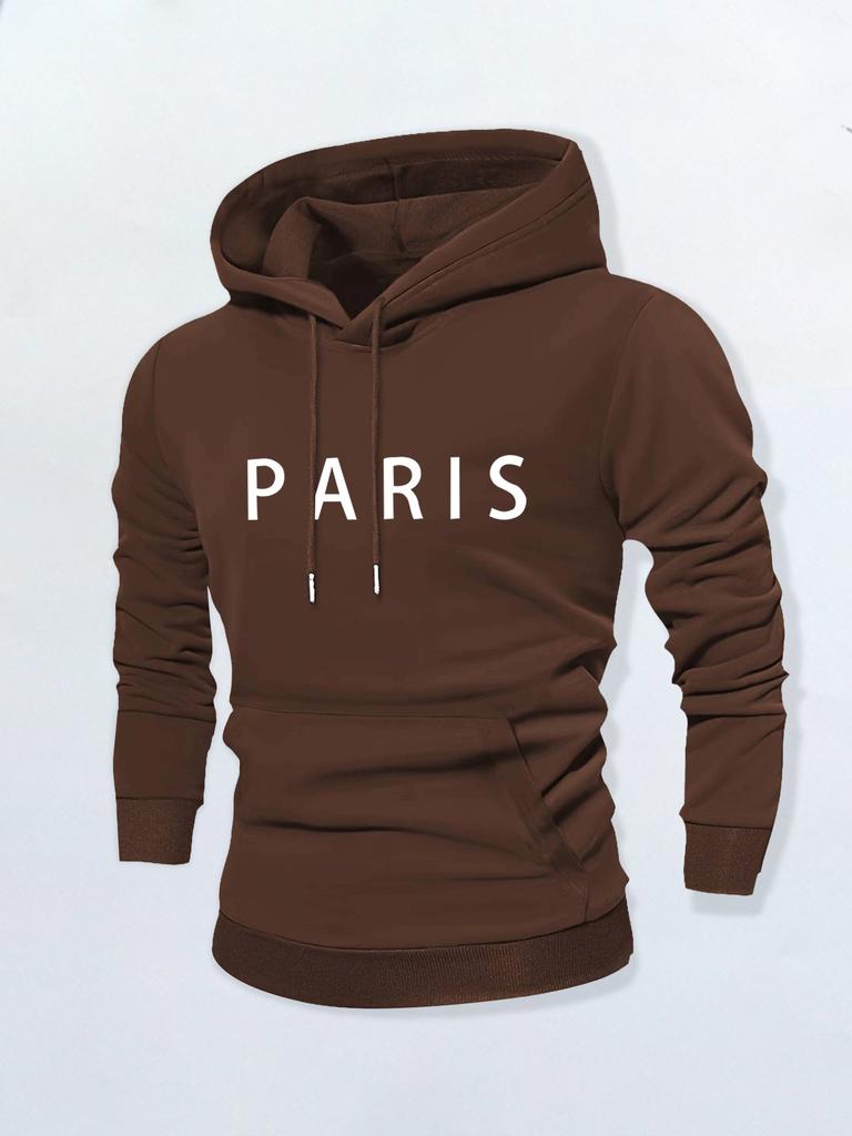Simple Solid Color PARIS Letter Hooded Sweater, Navy Blue Basic Men's Casual Shoulder Hoodie High Street