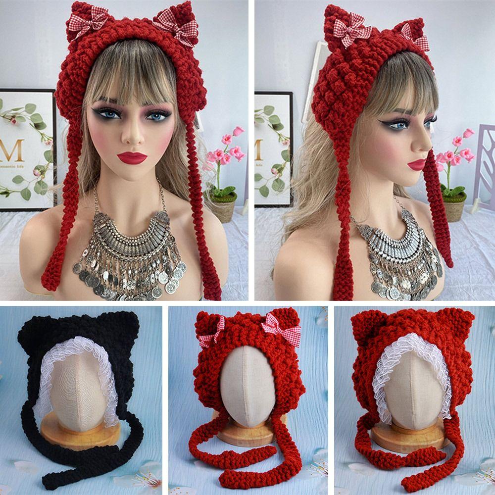 Fashion Cartoon Knitted Cat Ear Hat Ear Protection Casual Crochet Wool Hat Cute With Bow Photo Props Cap Outdoor