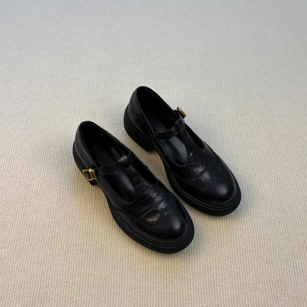 Sheepskin Version~ Retro Commuter Mary Jane Loafers Women's Hollow T-button Small Leather Shoes Thick Heel Thick Sole Round Head Single Shoes