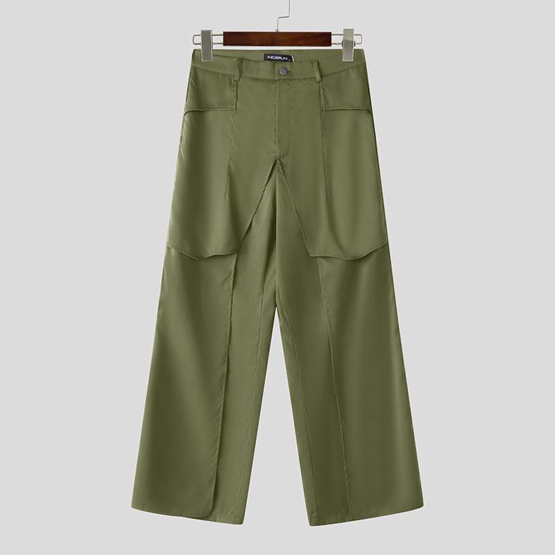 INCERUN Men Zipper Up Layers Patchwork Casual Long Straight Pants Trousers