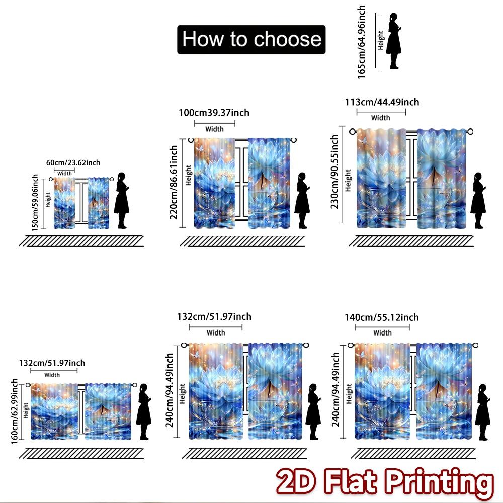2D Flat Printing 2pcs Curtains Blue Lotus Fairy Dreamscape Digital Printed Polyester Drapes Seasonal Party & Holiday Decor