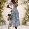 Women Plus Size Black White V Neck Short Sleeve Butterfly Printed Long Dress