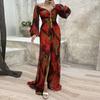 Women Evening Dress Off Shoulder Rhinestone Decor Pleated Long Lantern Sleeve Split