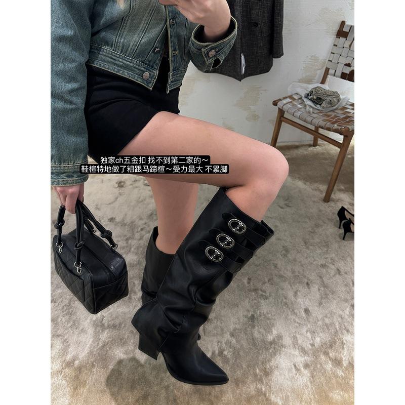 Cowhide Version~ Genuine Leather Removable Two-wear Boots Female Pointed Knight Boots Punk Wind Pile Western Cowboy Boots
