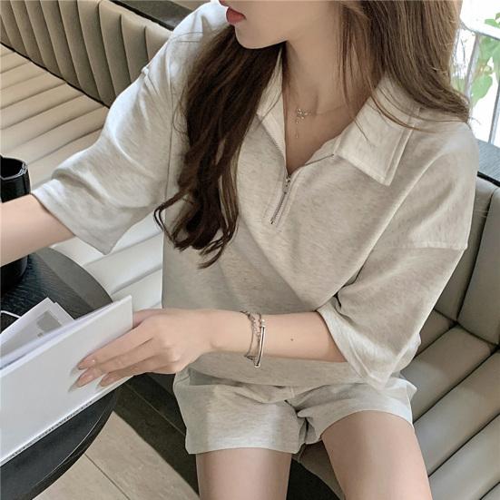 2 Pcs/Set Women Summer Sweatshirt Pants Set Short Sleeve Zippered Turn-down Collar Top Drawstring Elastic Waist Loose Sweatpants Tracksuit Pansuit