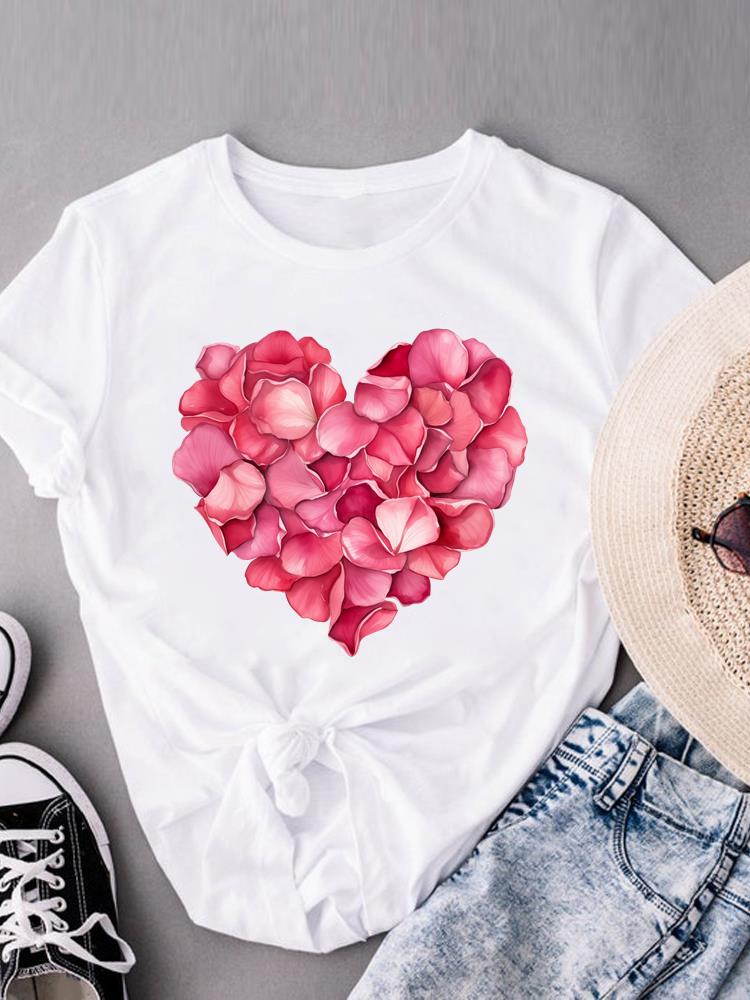 (Taille asiatique) cœur d'amour doux col rond Vêtements décontractés Manches courtes T-shirts Mode Féminin Femme Haut pour femme T-shirt Imprimé T-shirt Graphique