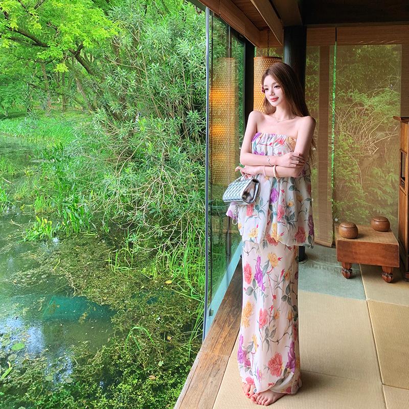 Real Shot Chiffon Retro Floral Tube Top Set Female Summer Gentle Fishtail Skirt Two-piece Dress