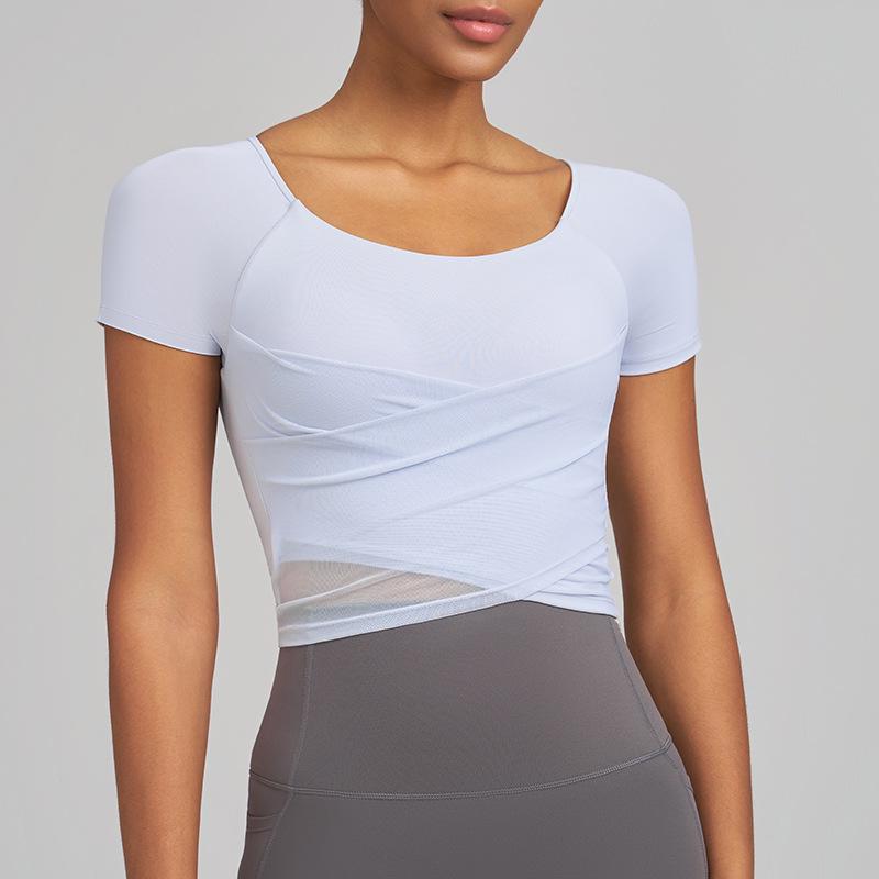 JOOMON Women s High-End Quick-Dry Yoga Top, Short Sleeve Cross Mesh Design for Pilates Training Large