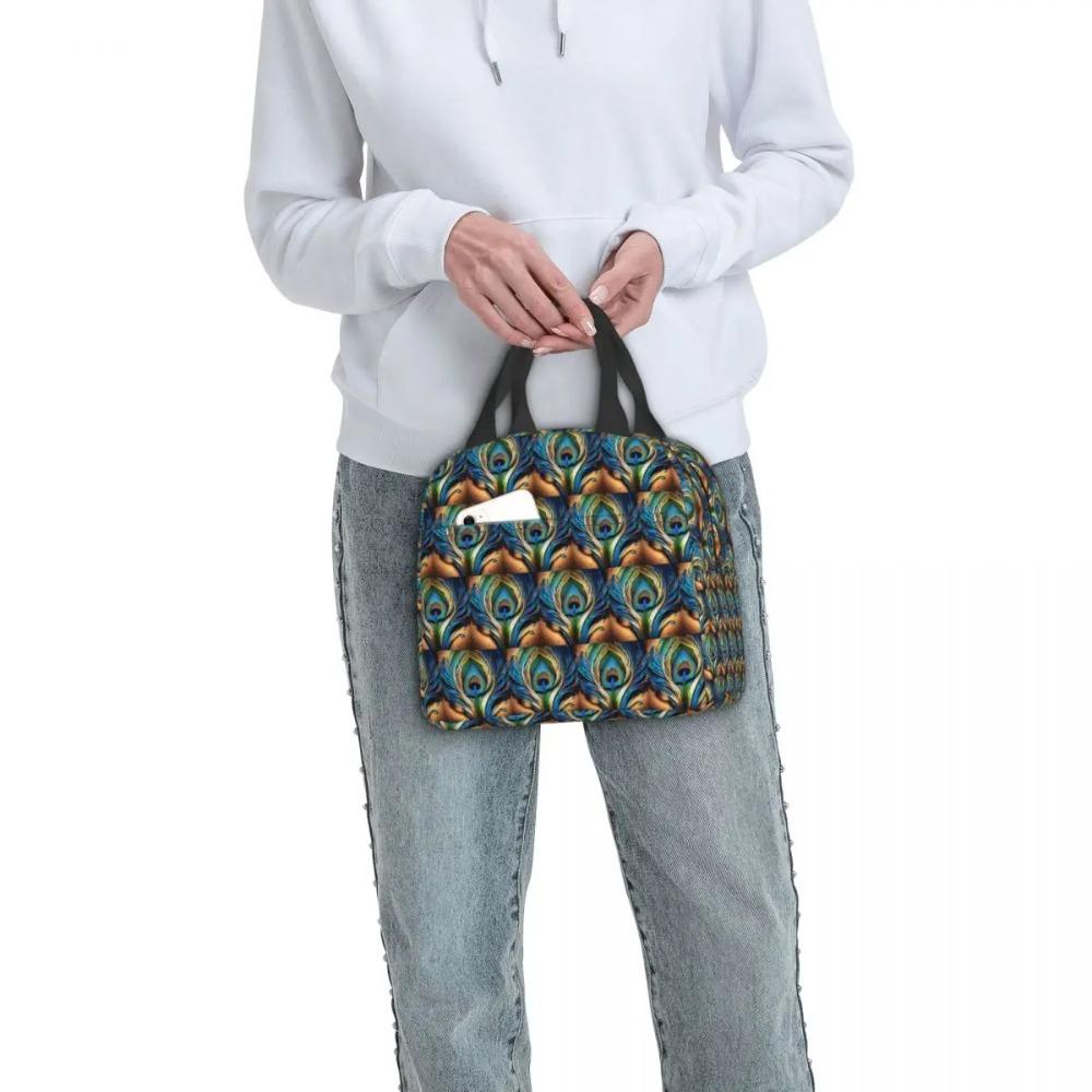 Colorful Peacock Feather Insulated Lunch Bag for Women Kids Portable Food Boxes Thermal Lunch Box Tote