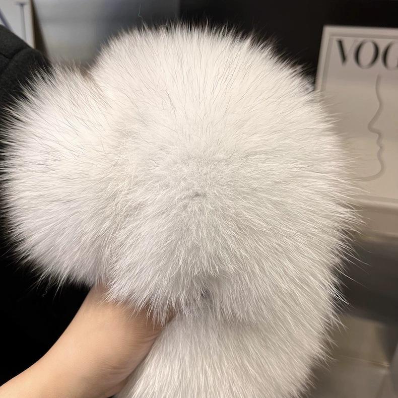 Damen Schal im Koreanischen Stil aus Echter Fuchsfell mit Großem Bommel und Magnetischem Verschluss - Beidseitig, Vielseitiger Nackenschutz für Herbst und Winter