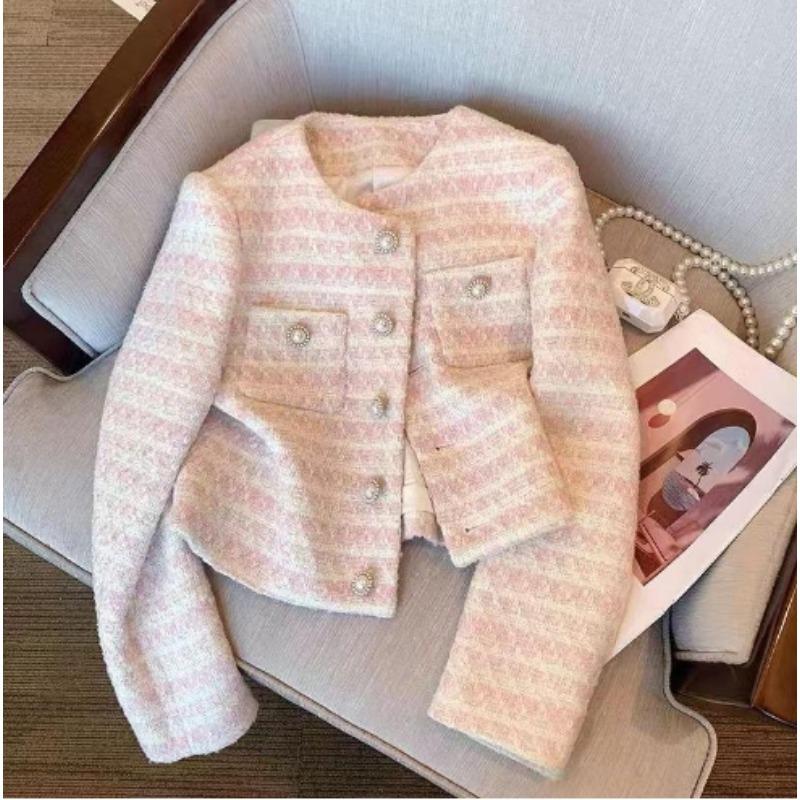 

Элегантная мода осень-зима женский твидовый кардиган короткое пальто с карманом 2024 однобортный пиджак для женщин свободная верхняя одежда одежда 2350 M розовый