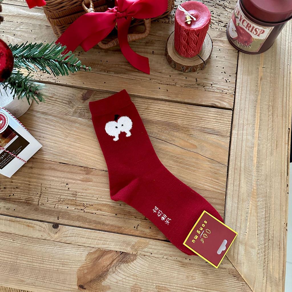 Songmu Benming Year Red Polka Dot Women's Socks - Autumn/Winter Joyful New Year Pile Socks