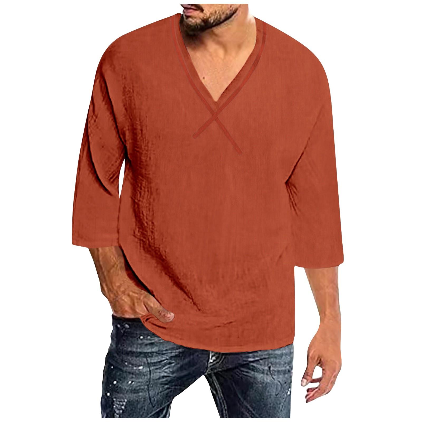 

Мужская футболка из хлопка и конопли с короткими рукавами Мужская футболка из хлопка и конопли Повседневная однотонная дышащая индивидуальная футболка с v-образным вырезом и рукавами 3/4 XXXL коричневый