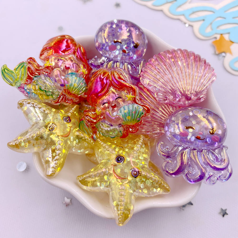 

8PCS Resin Glitter Colorful Sea Star Shell Mermaid Jellyfish Figurine Flatback Rhinestone Cartoon Scrapbook DIY Craft Supplies