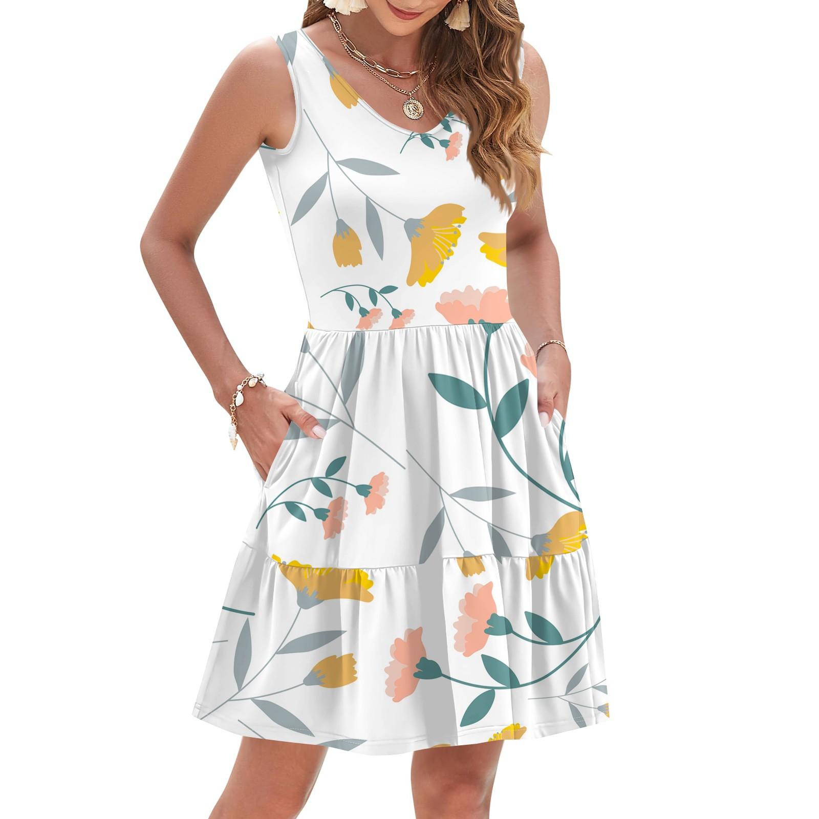 

Женская летняя модная повседневная V-образная плиссированная сшивная маленькая цветочная печать без рукавов жилетное платье с карманами XXL