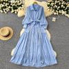 Vintage Damkappa Nedvikt Krage Lykta Ärm Klänning Spets Bandage Rosett Slim Fit Stor Sväng Maxi Klänningar Elegant Vestido Femme