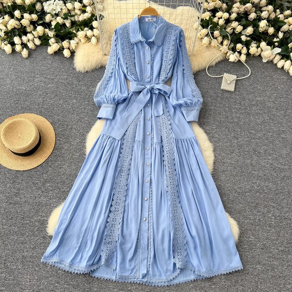 Vintage Damkappa Nedvikt Krage Lykta Ärm Klänning Spets Bandage Rosett Slim Fit Stor Sväng Maxi Klänningar Elegant Vestido Femme