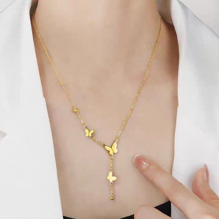 Titanium Steel Tassel Butterfly Necklace Women'S Light Luxury High-End Long Pendant Exquisite Collarbone Chain