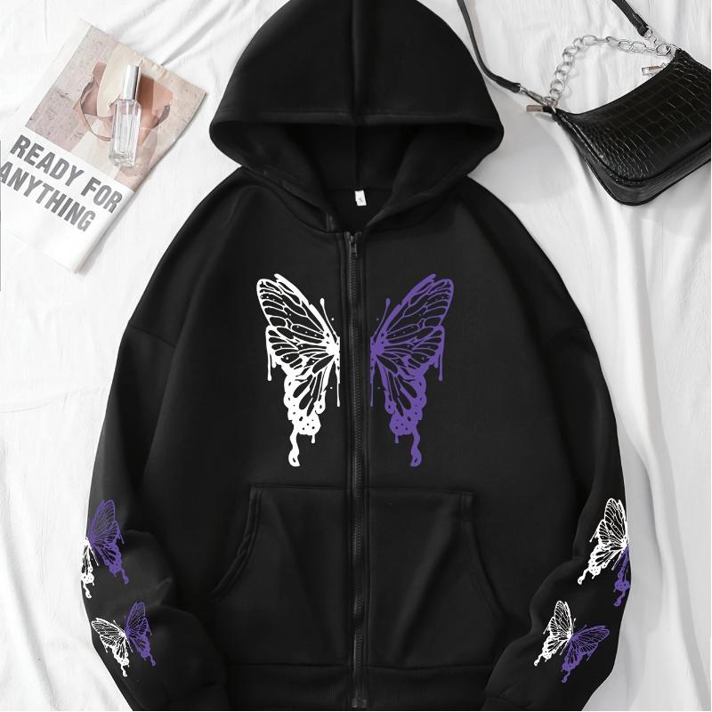 New Purple Butterfly Graphic Zipper Hoodies Women Casual Fashion Trend Coat Autumn Winter Fleece Long Sleeve Zip-up Hoodies